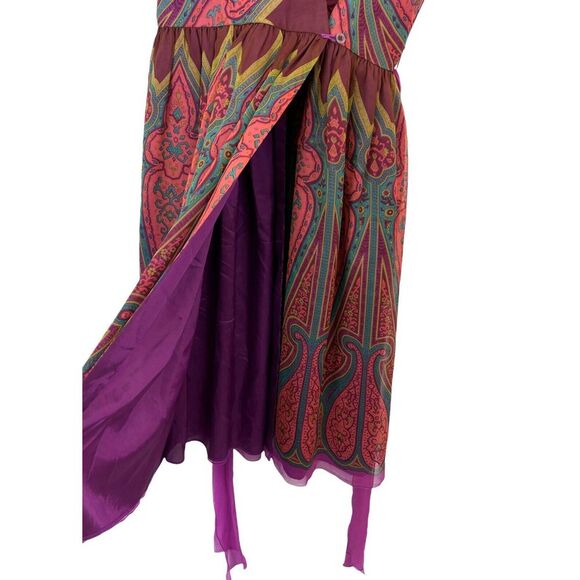 Anna Sui Anthropologie 100% Silk Printed Wrap Boho V Neck Pink Red Dress Size 8 - Picture 9 of 14